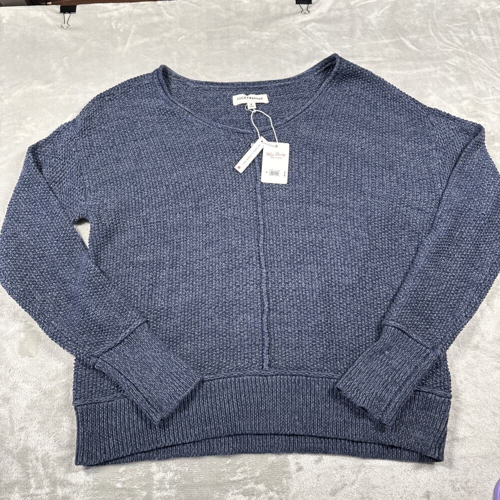 Lucky Brand NEW Womens M Knit Pullover Sweater Blue V-Neck Cotton Acrylic Ribbed